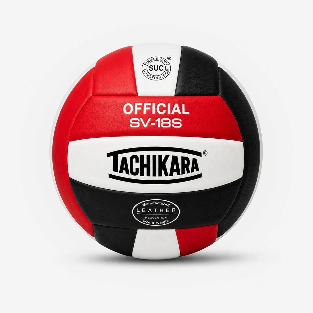 Tachikara volleyball with red, white, and black pattern on a light gray background