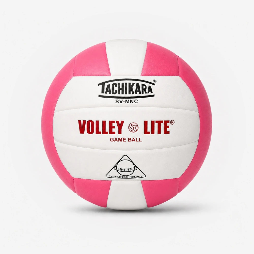 Pink and white volleyball with tachikara branding on a light gray background