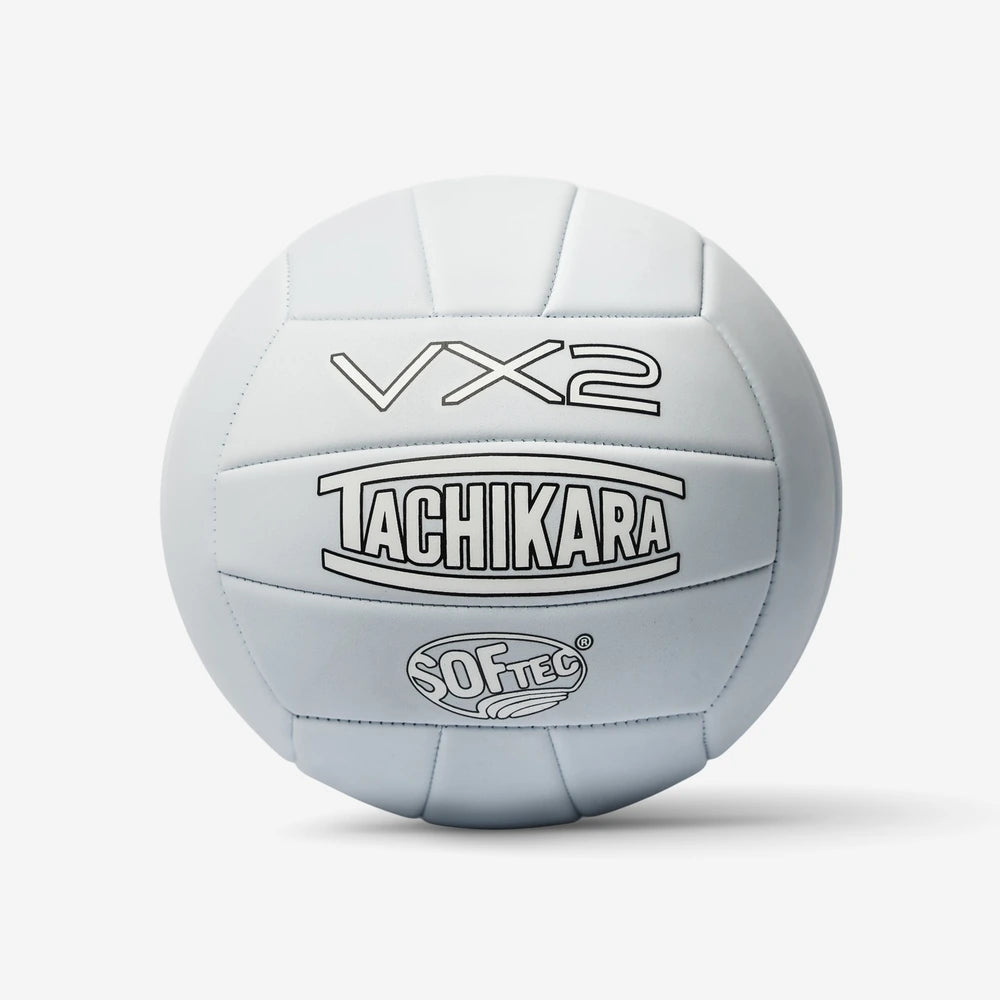 Gray volleyball with 'vx2' and 'tachikara' branding on a white background