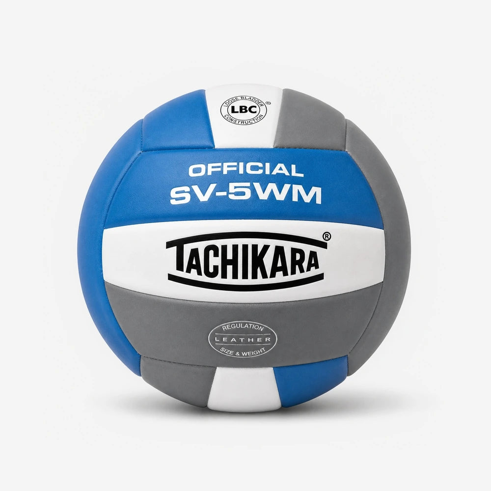 Tachikara volleyball with blue, gray, and white colors on a light gray background