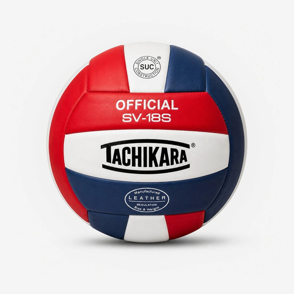 Tachikara volleyball with red, white, and blue colors on a light gray background