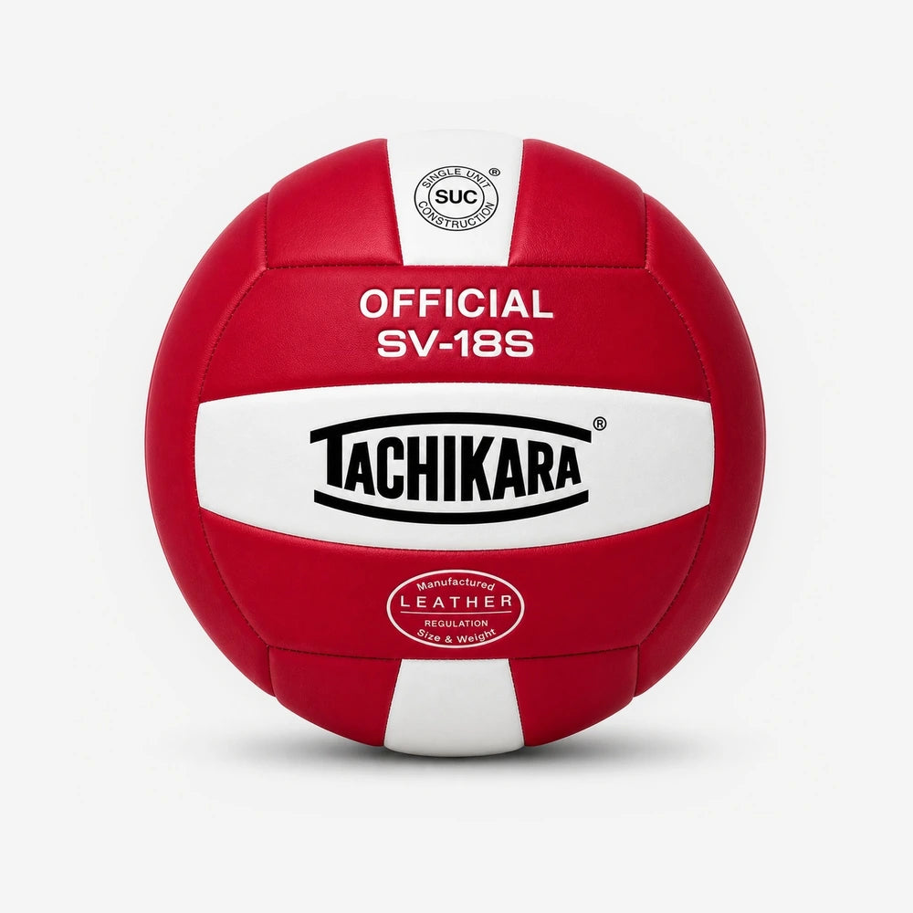Red and white volleyball with Tachikara branding on a light gray background