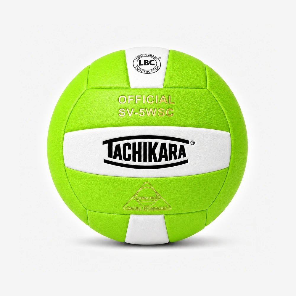 Lime Green and white volleyball with Tachikara branding on a light gray background