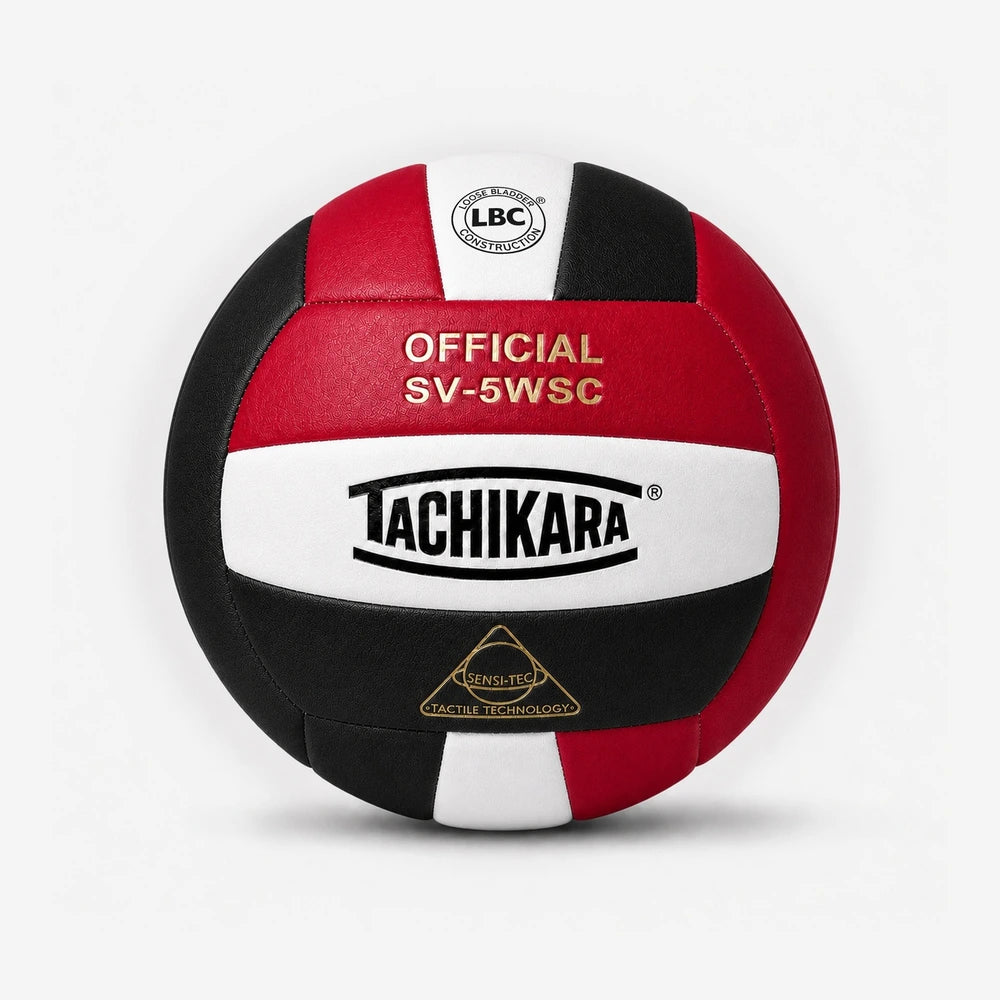 Tachikara volleyball with red, black, and white colors on a white background