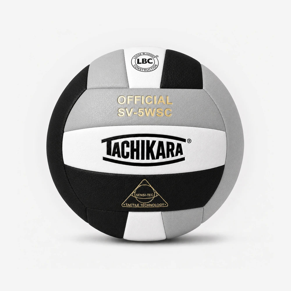Tachikara volleyball with black, white, and gray design on a white background