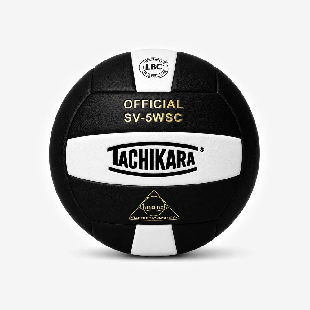 Black and white volleyball with Tachikara branding on a light gray background