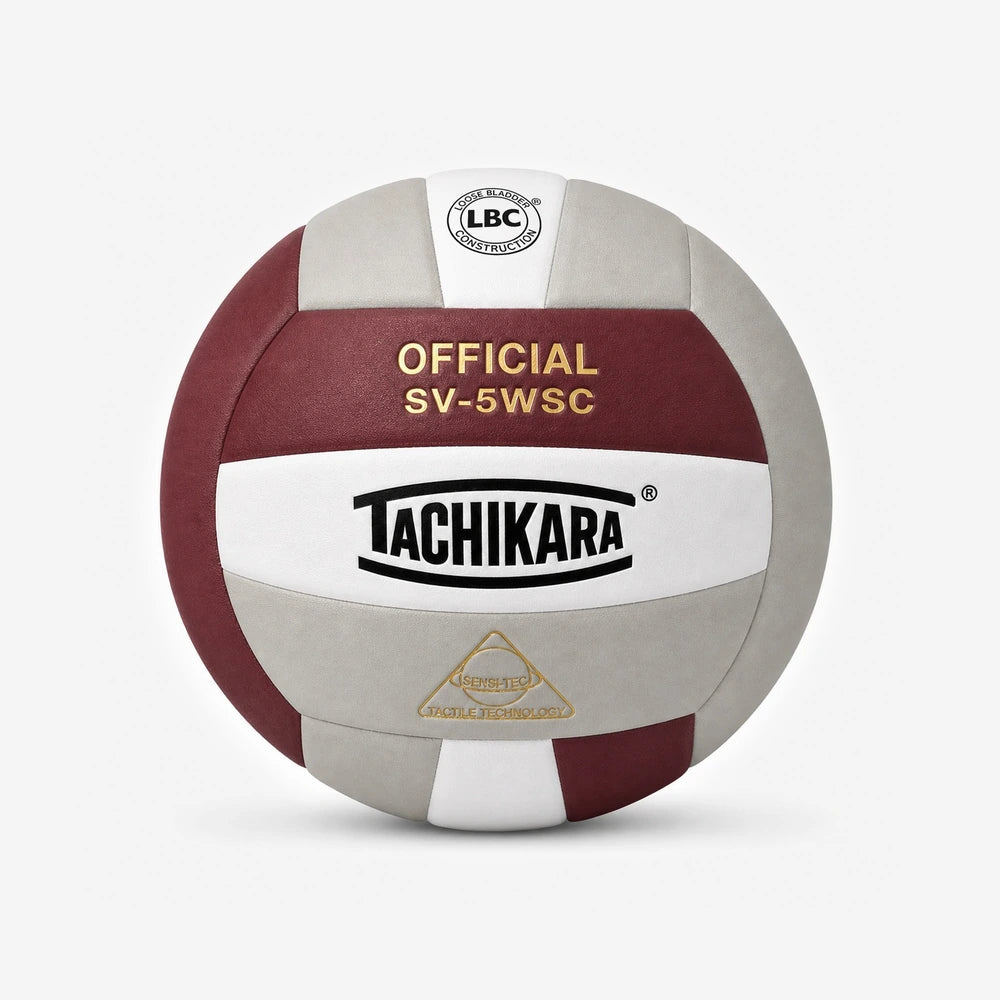 Tachikara volleyball with red, white, and gray pattern on a light gray background