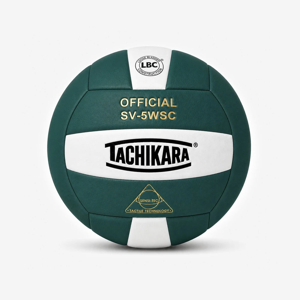 Dark green and white Tachikara volleyball with LBC logo on a white background