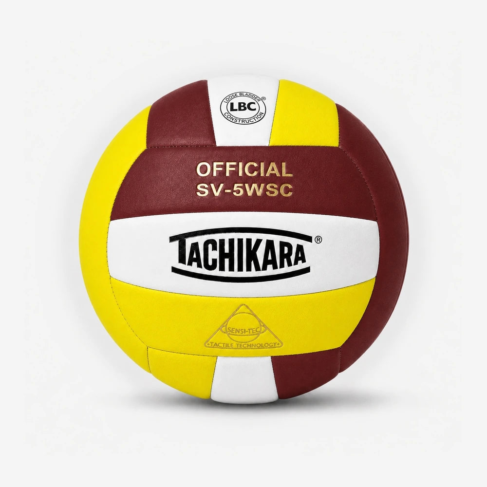 Tachikara volleyball with maroon, yellow, and white colors on a white background