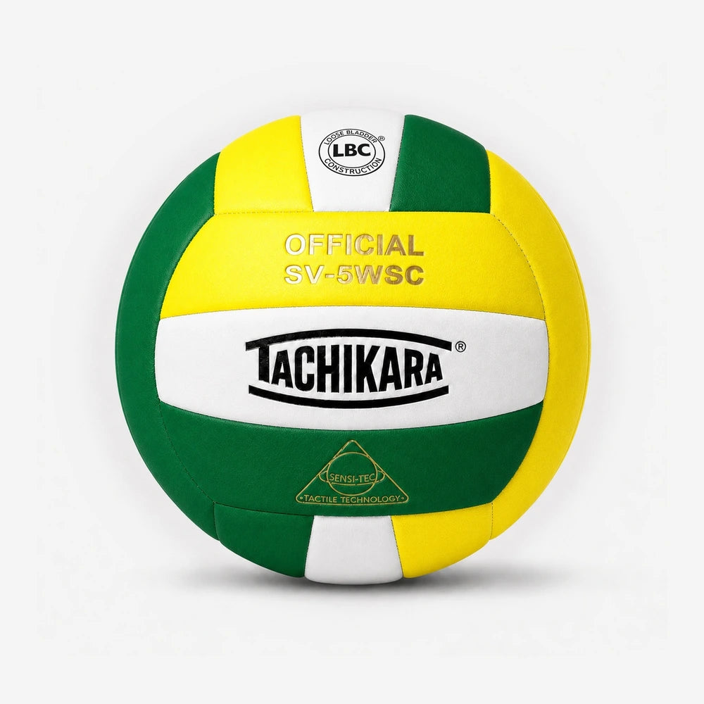 Tachikara volleyball with green, yellow, and white colors on a white background