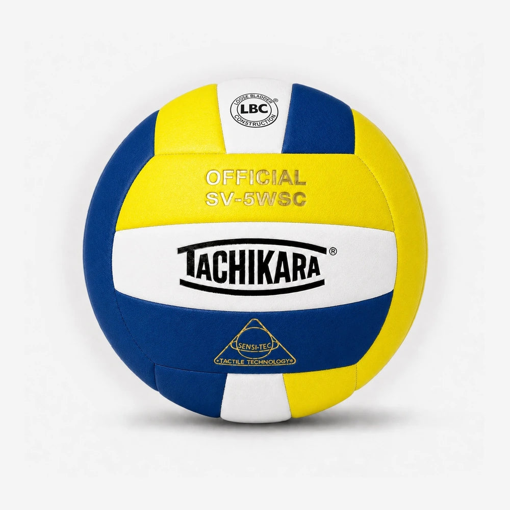 Tachikara volleyball with blue, yellow, and white colors on a light gray background