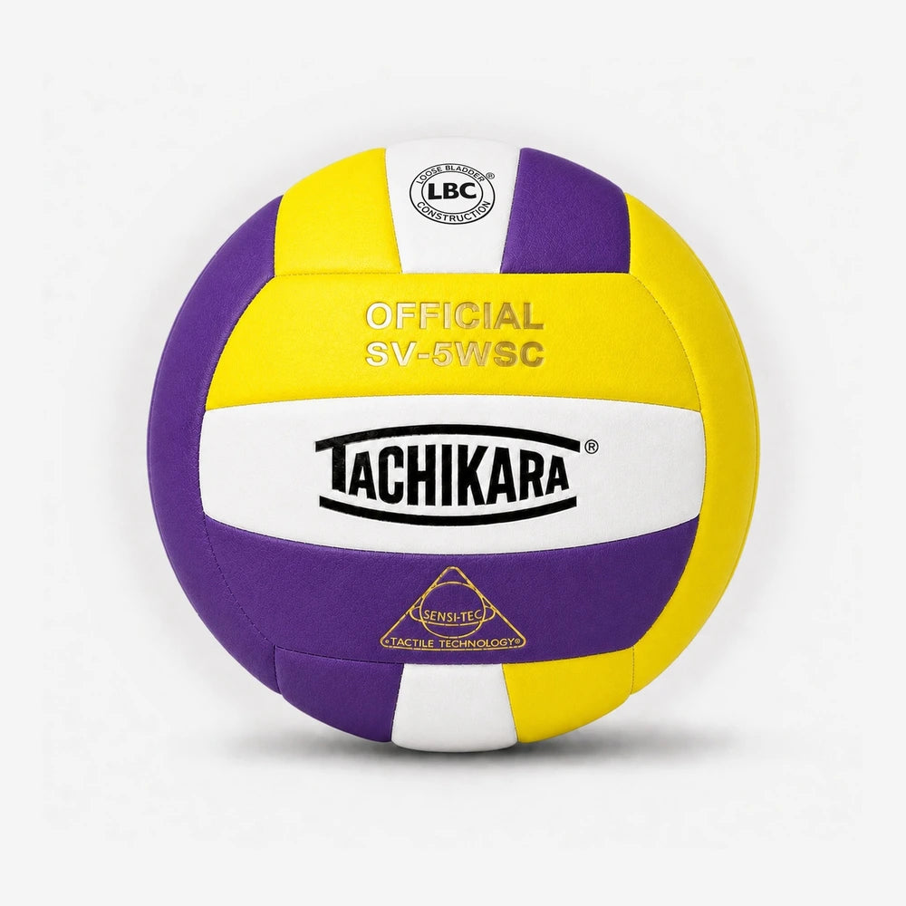 Tachikara volleyball with purple, yellow, and white colors on a white background