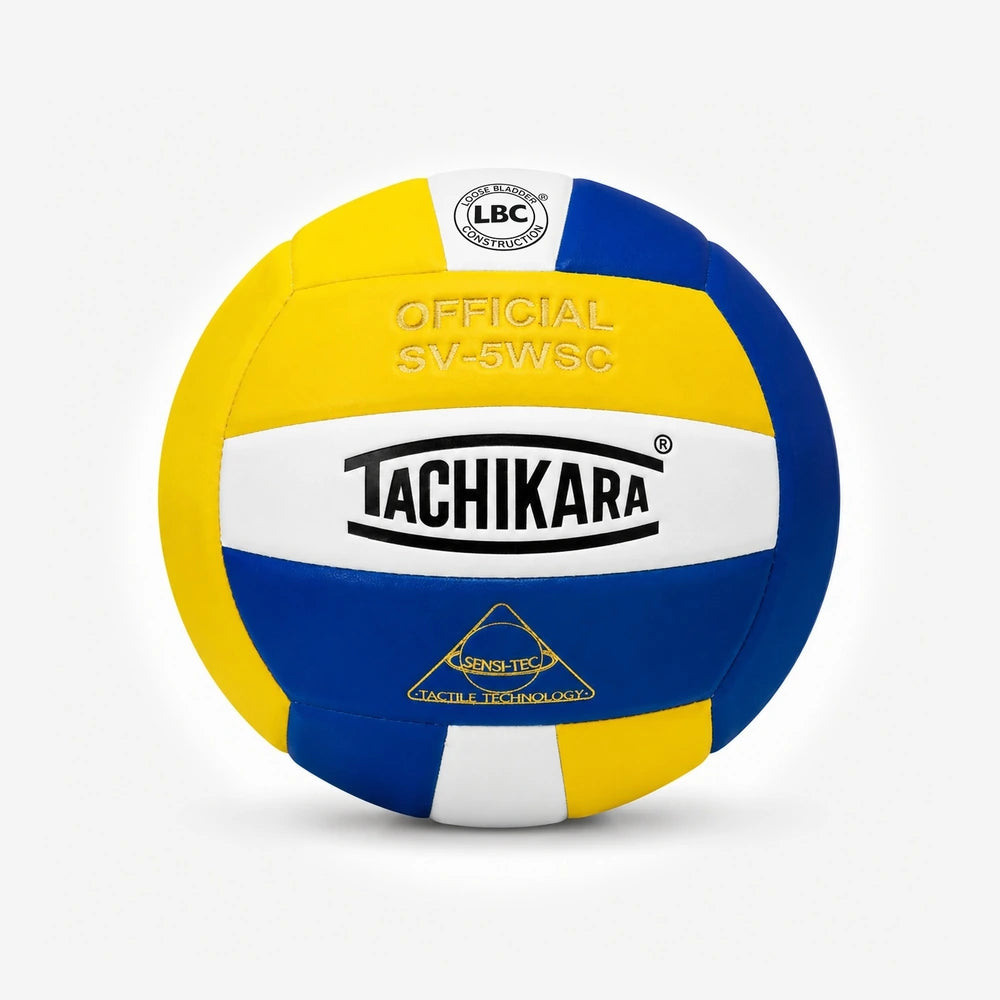 Tachikara volleyball with blue, yellow, and white colors on a light gray background