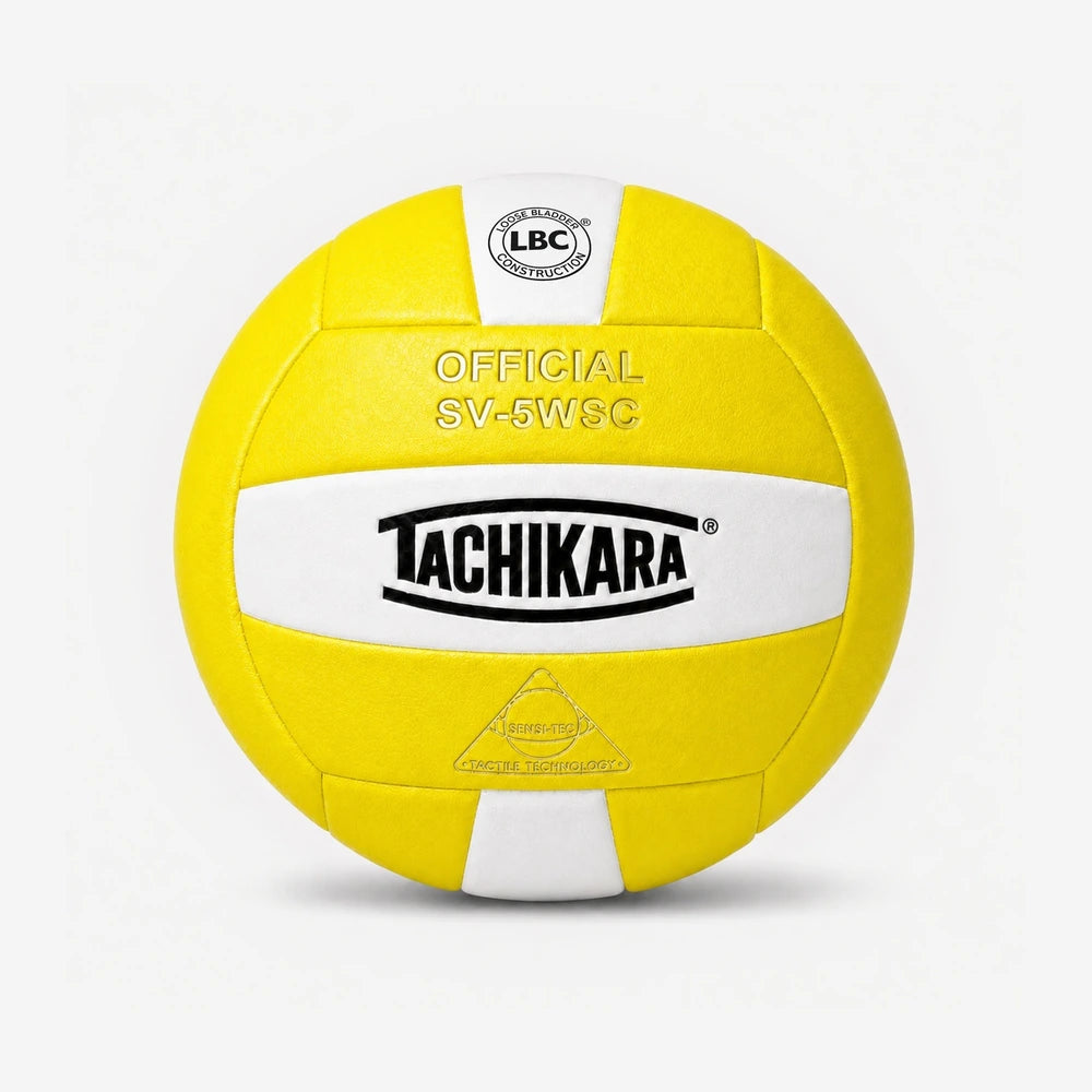 Yellow and white volleyball with Tachikara branding on a light gray background