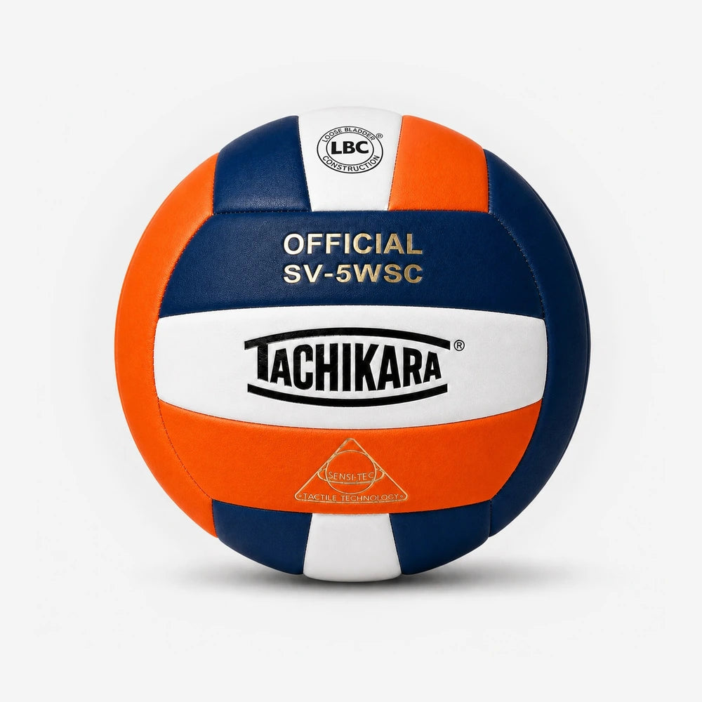 Tachikara volleyball with orange, blue, and white colors on a light gray background
