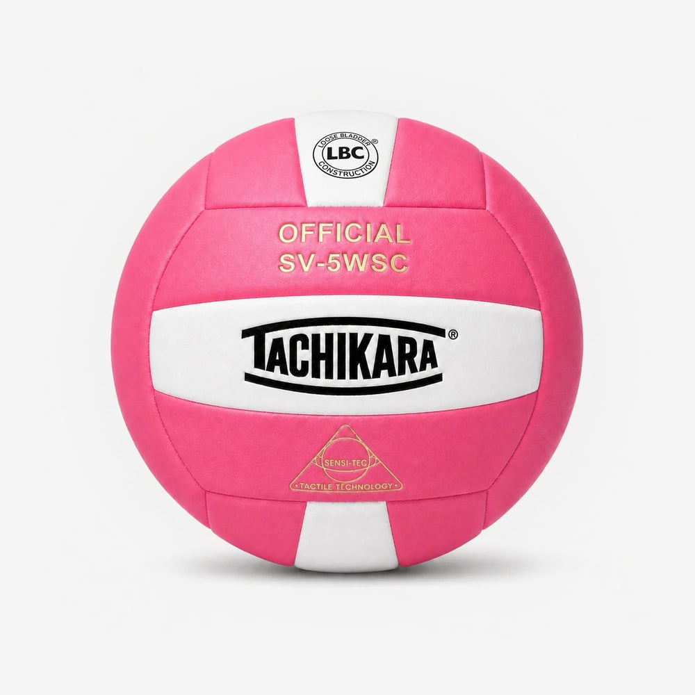 Pink and white volleyball with Tachikara branding on a light gray background
