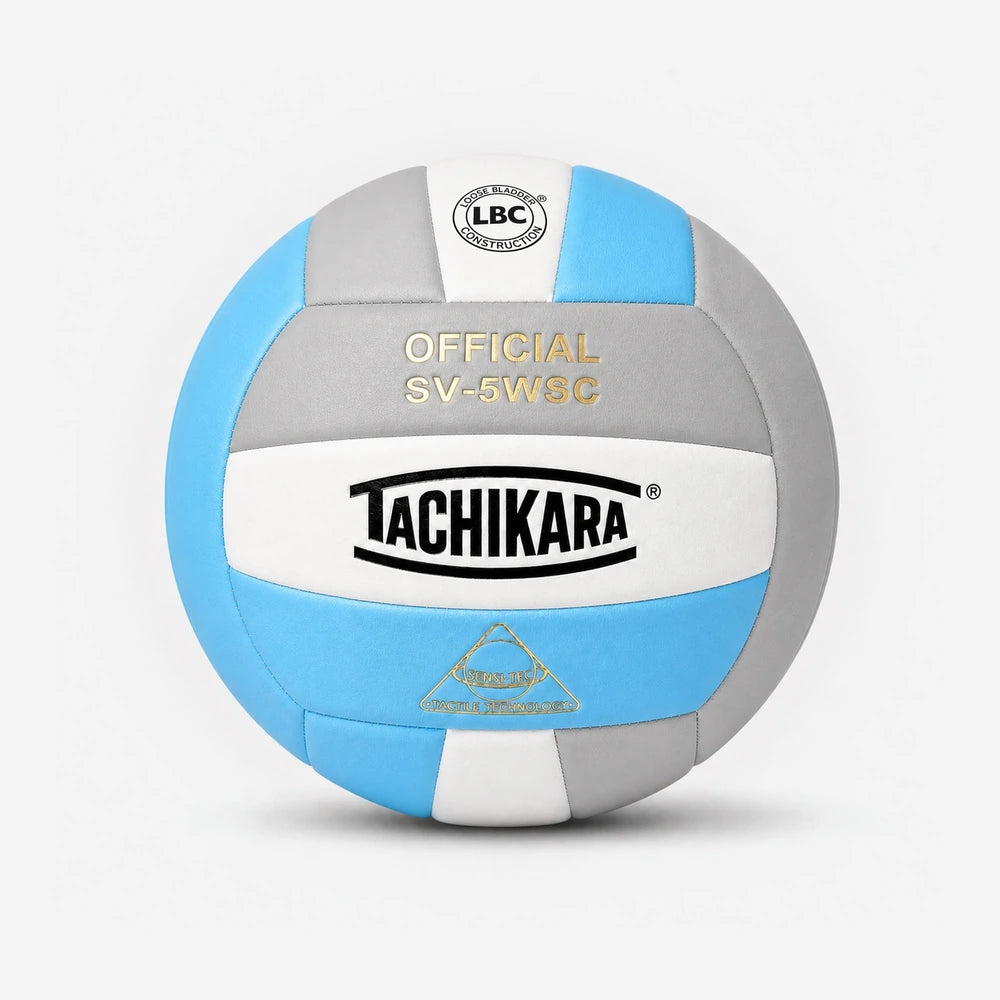 Tachikara volleyball with blue, gray, and white color scheme on a light gray background