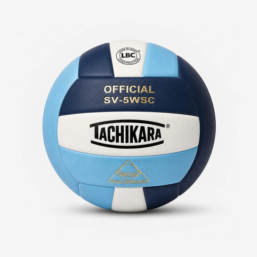 Tachikara volleyball with blue, white, and navy design on a white background