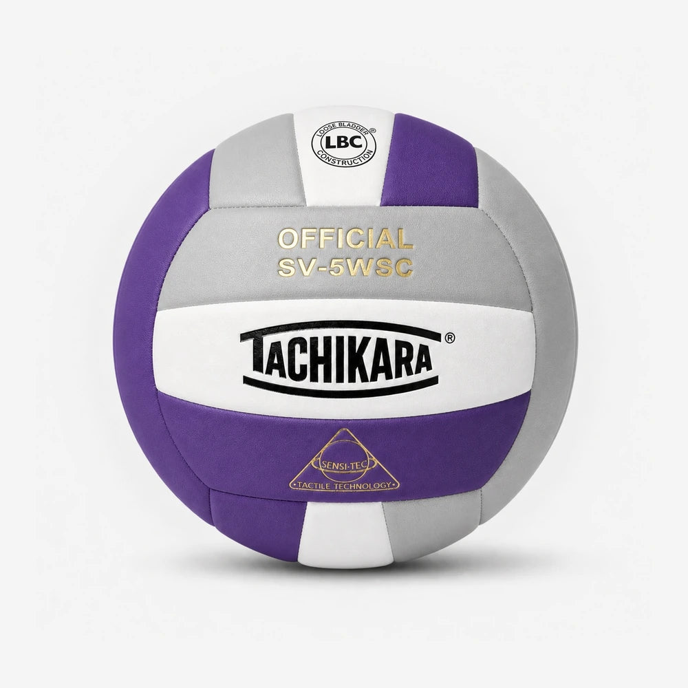 Purple and gray volleyball with Tachikara branding on a white background