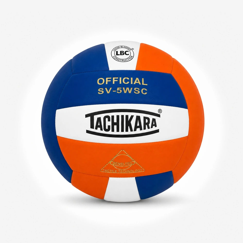 Tachikara volleyball with blue, orange, and white colors on a light gray background