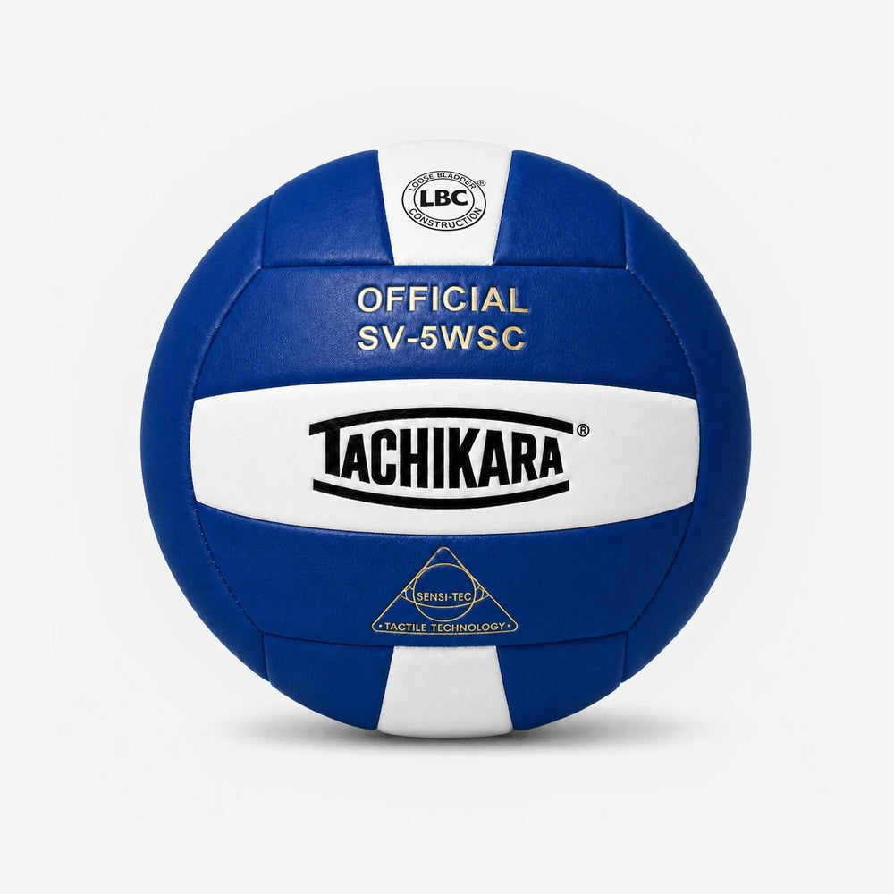 Blue and white volleyball with Tachikara branding on a light gray background