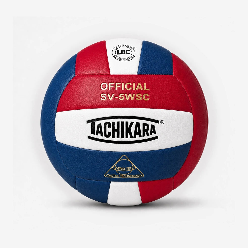 Tachikara volleyball with red, white, and blue colors on a white background