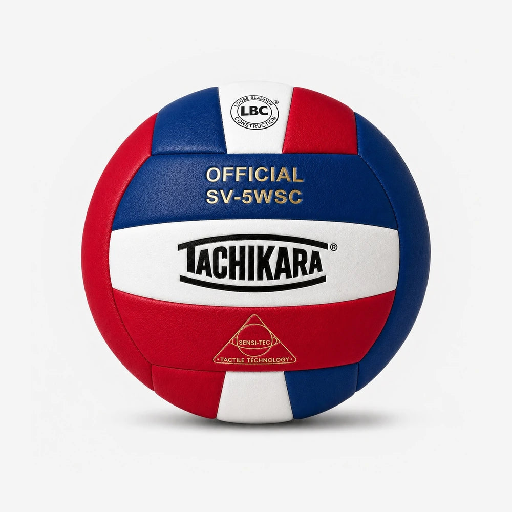 Tachikara volleyball with red, white, and blue colors on a light gray background