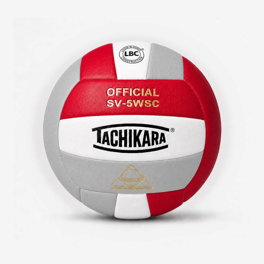 Tachikara volleyball with red, white, and gray colors on a white background