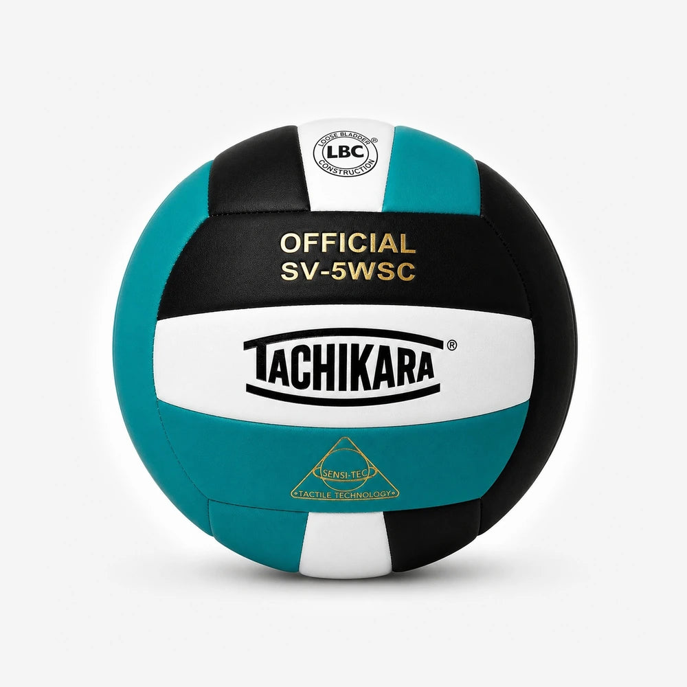 Tachikara volleyball with black, teal, and white colors on a light gray background