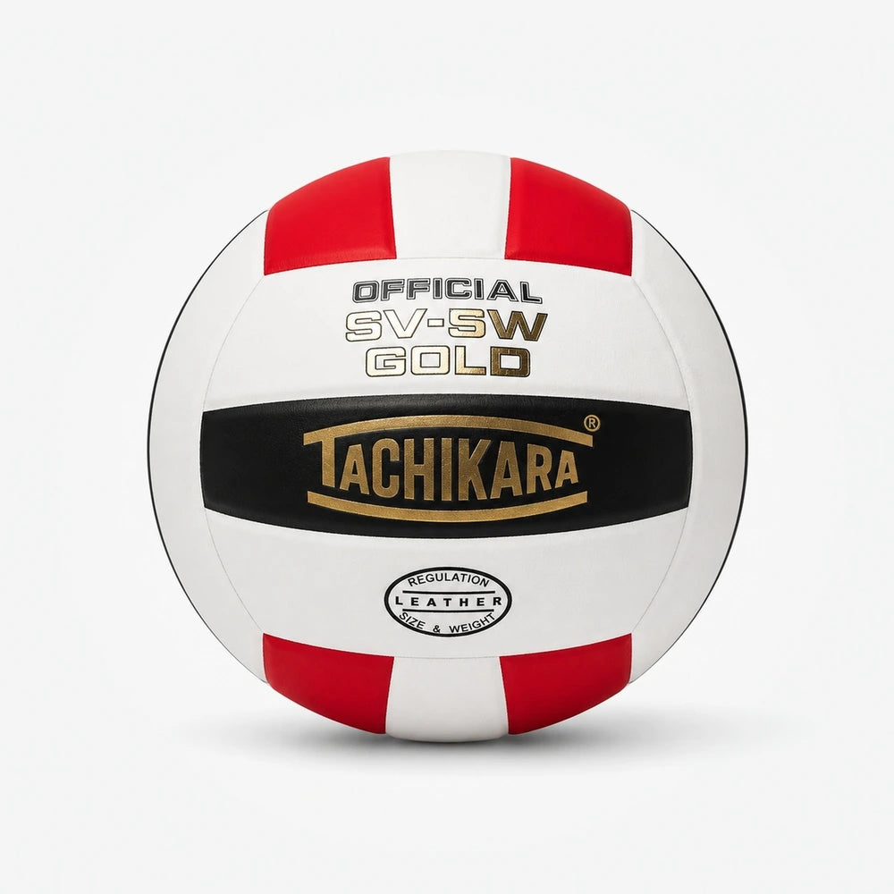 Tachikara volleyball with red and white stripes on a light gray background