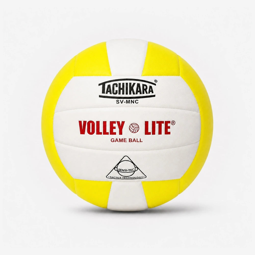 Yellow and white volleyball with Tachikara branding on a light gray background