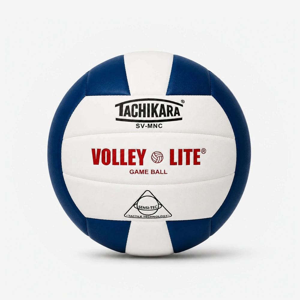 Blue and white volleyball with Tachikara branding on a light gray background