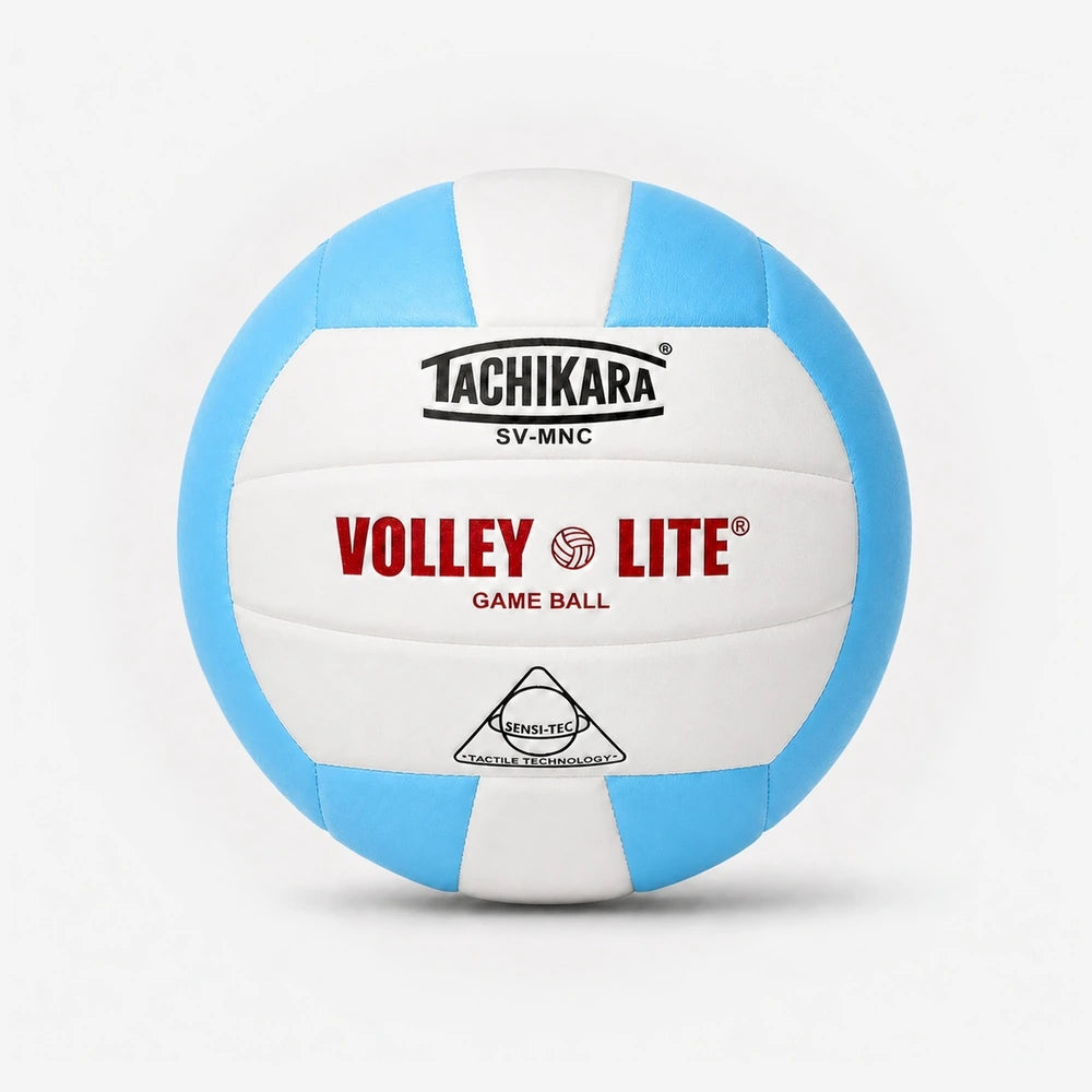 Tachikara volleylite game ball with blue and white design on a light gray background