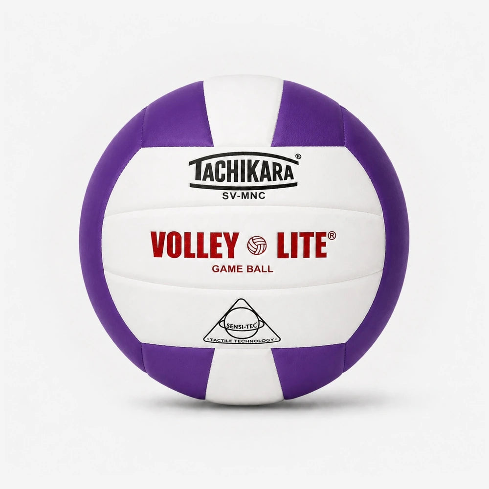 Purple and white volleyball with Tachikara branding on a light gray background