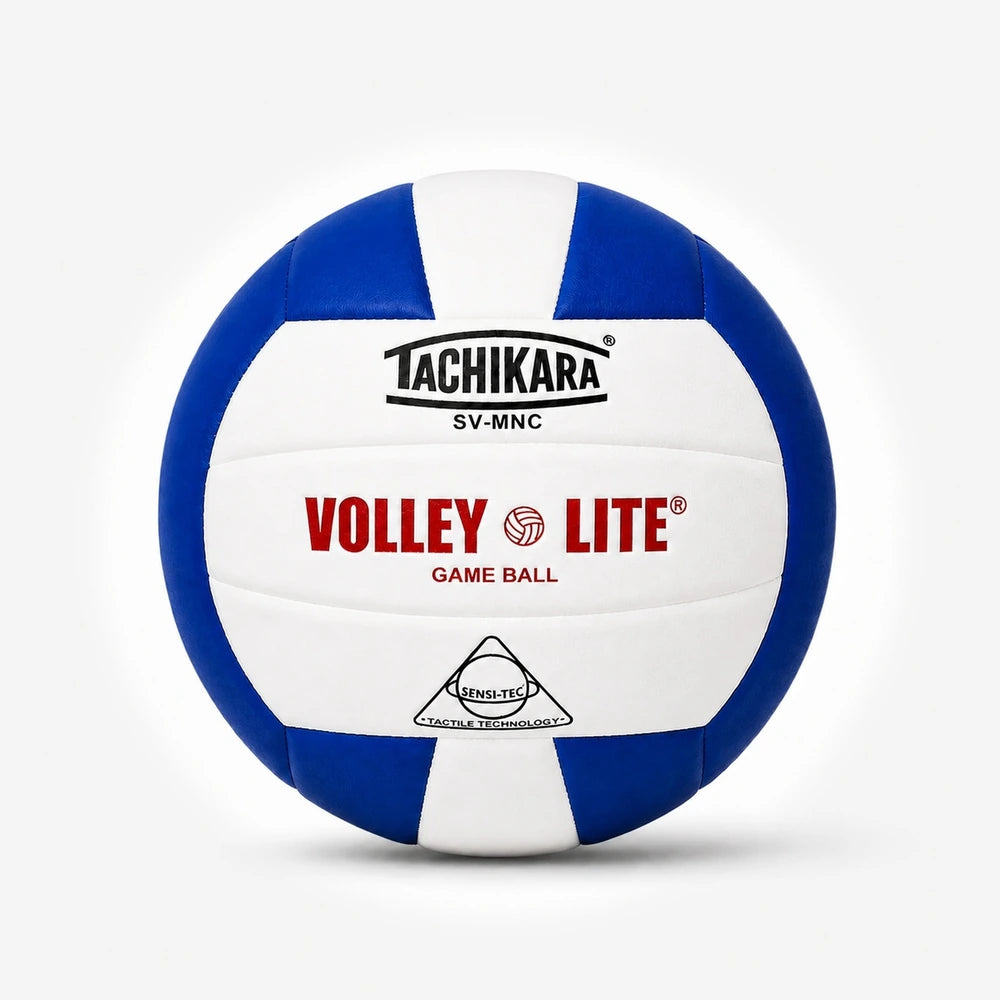 Blue and white volleyball with Tachikara branding on a light gray background