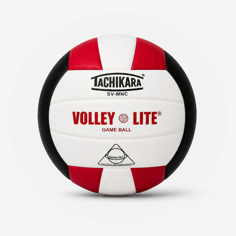 Red and white volleyball with Tachikara branding on a light gray background