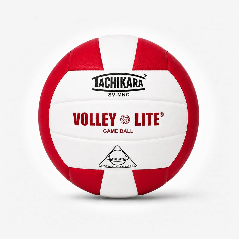 Red and white volleyball with Tachikara branding on a light gray background