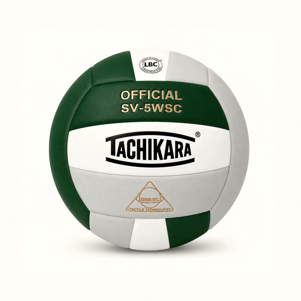 Tachikara volleyball with green and white design on a white background
