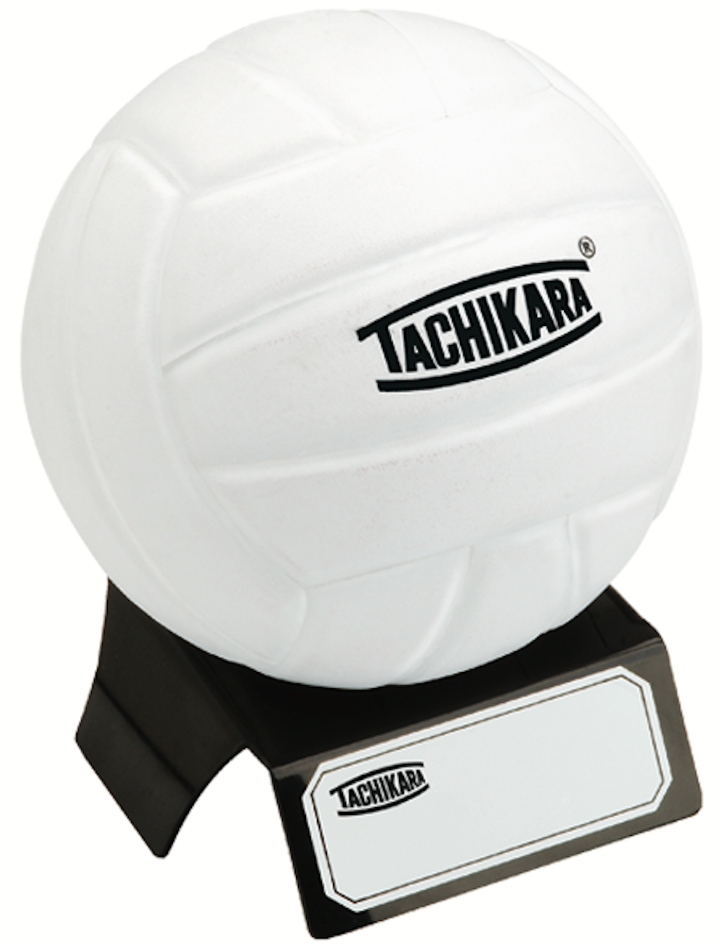 White volleyball on a black stand with Tachikara branding