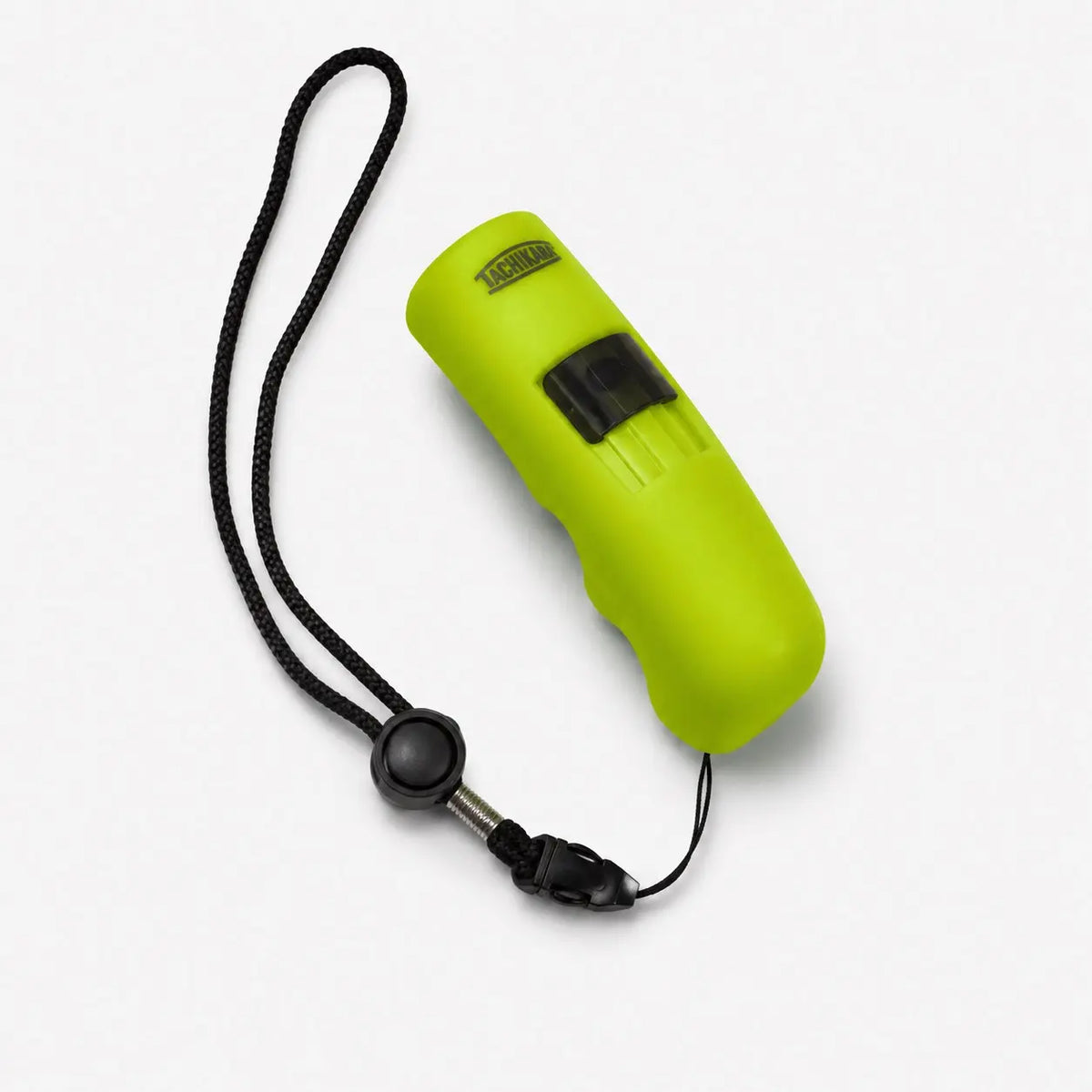 Yellow whistle with black lanyard on a white background