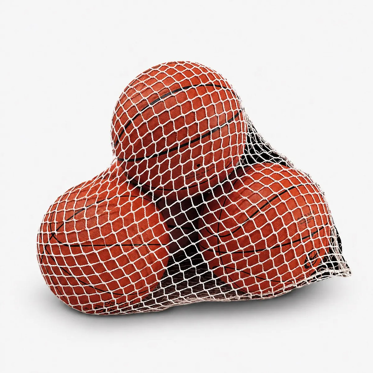 3 basketballs in a mesh bag on a white background