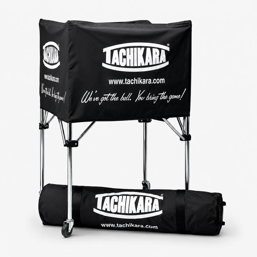 Black Tachikara volleyball ball cart with carrying bag on a white background