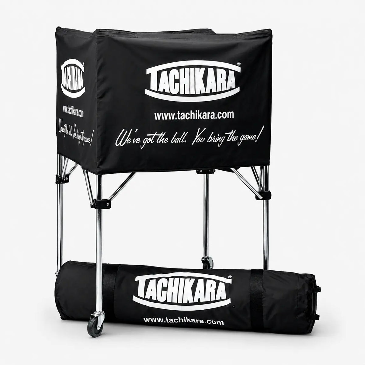 Black tachikara volleyball ball cart with carrying bag on a white background