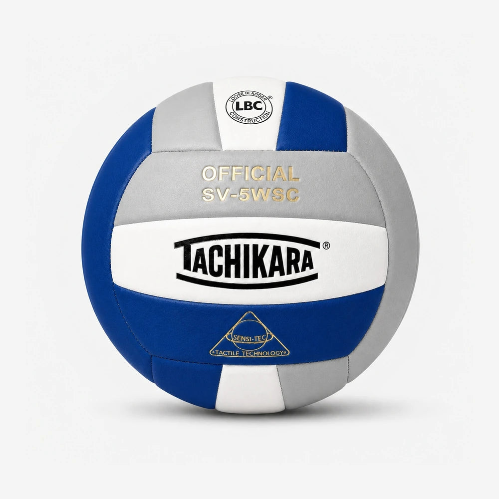 Tachikara volleyball with blue, white, and gray design on a light gray background