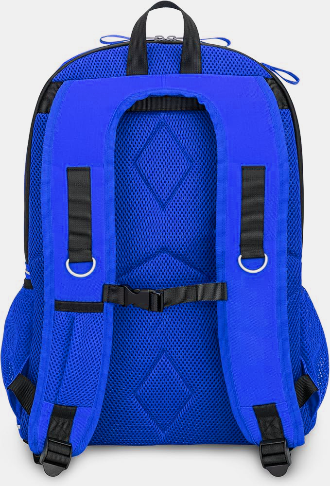 blue volleyball backpack showing the straps and back lining