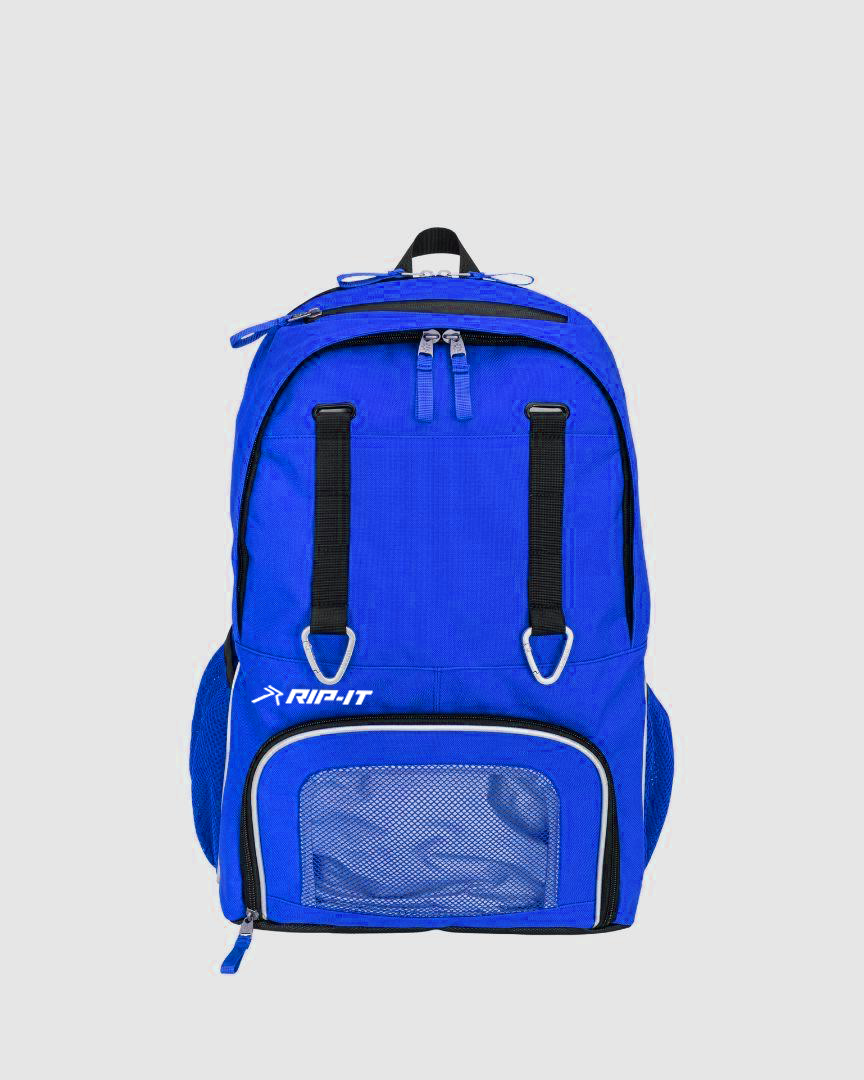 Blue backpack with black straps on a light gray background