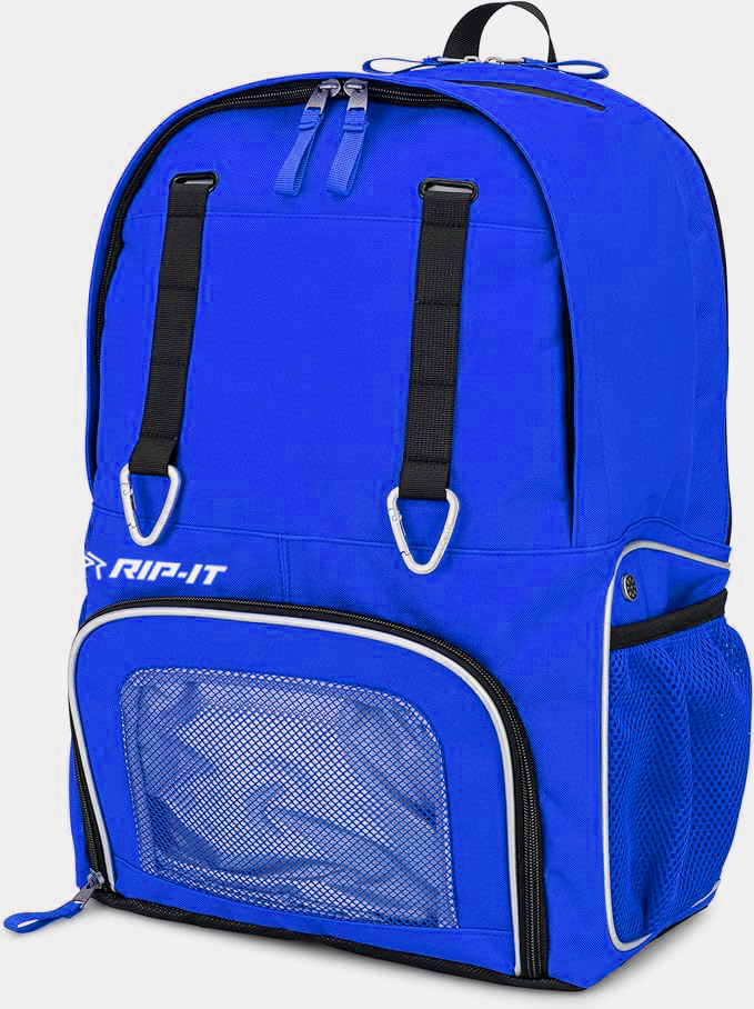Blue backpack with black straps on a white background