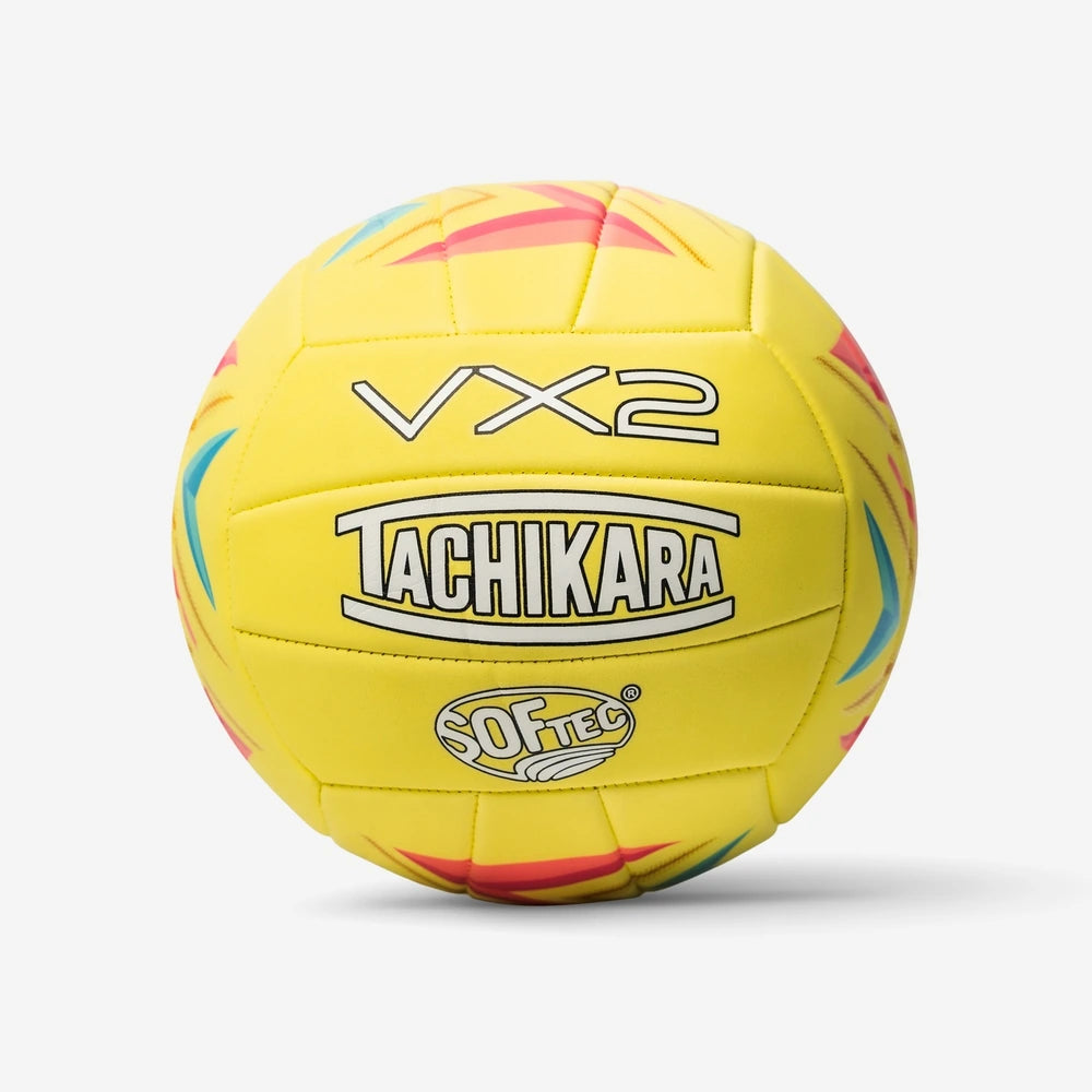 Yellow volleyball with Tachikara branding on a white background