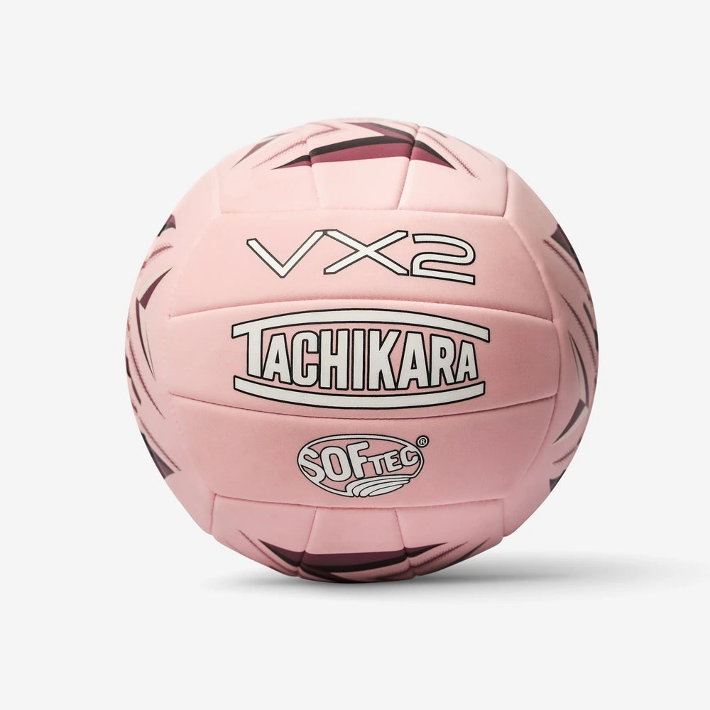 Pink volleyball with Tachikara branding on a white background