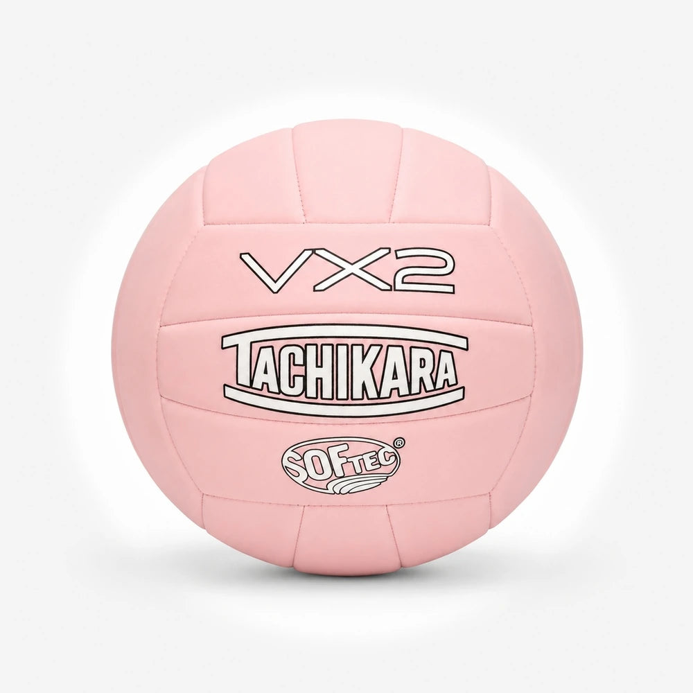 Pink volleyball with Tachikara branding on a white background